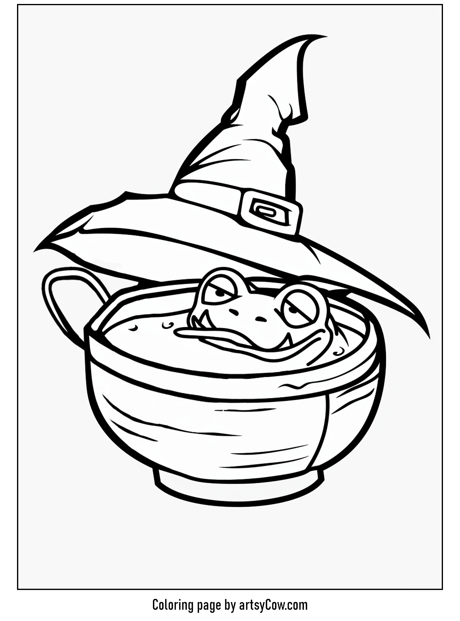 A playful frog peeks out from a witch’s cauldron under a large witch hat